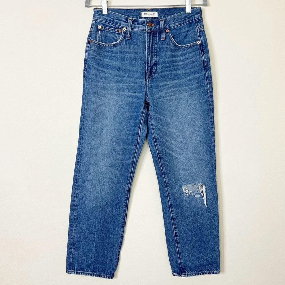Madewell Classic Straight Jeans in Jade Wash: Knee-Rip Edition J7951 Size 27 - Picture 4 of 15